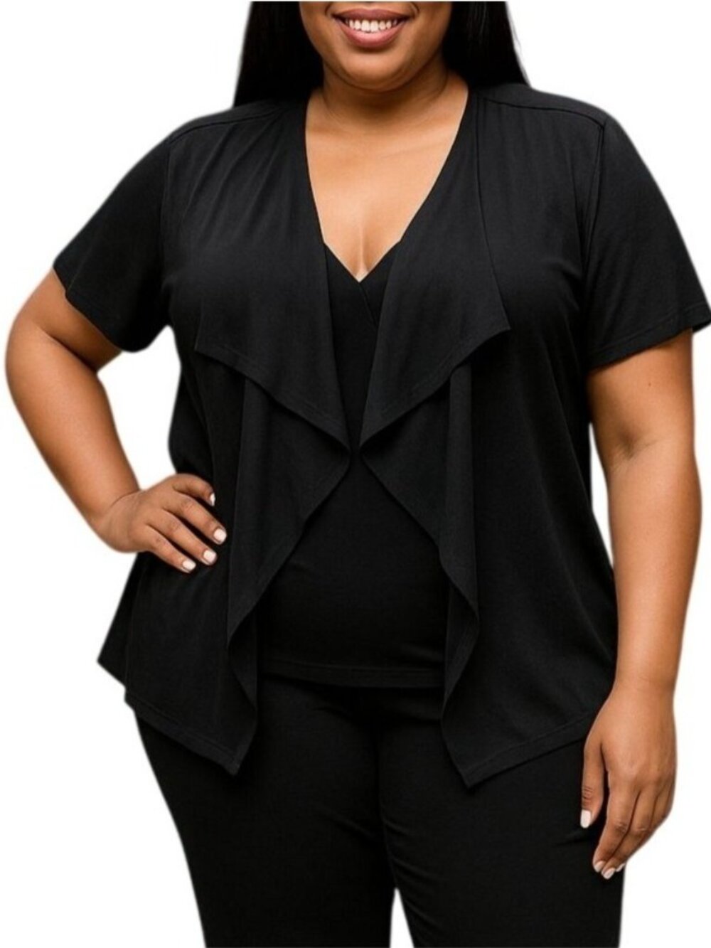 New Directions Plus Size 1X Cardigan Sweater Top Black Open Front Short-Sleeve